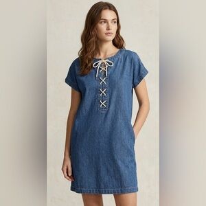 POLO RALPH LAUREN Denim Lace-Up Shift Dress with Pockets | Size 6